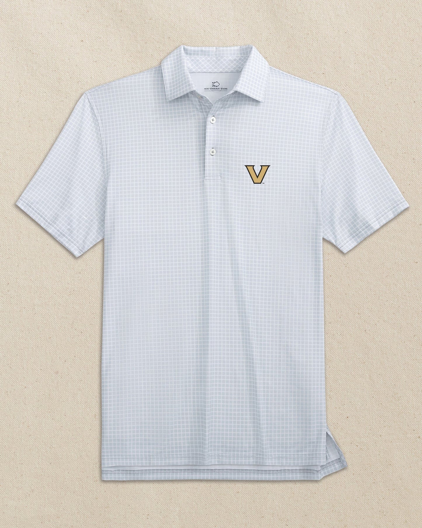The front view of the Southern Tide Vanderbilt Commodores Driver Dunes Edge Plaid Polo by Southern Tide - Slate Grey