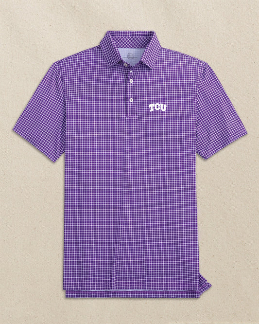 The front view of the Southern Tide TCU Horned Frogs Driver Dunes Edge Plaid Polo by Southern Tide - Regal Purple