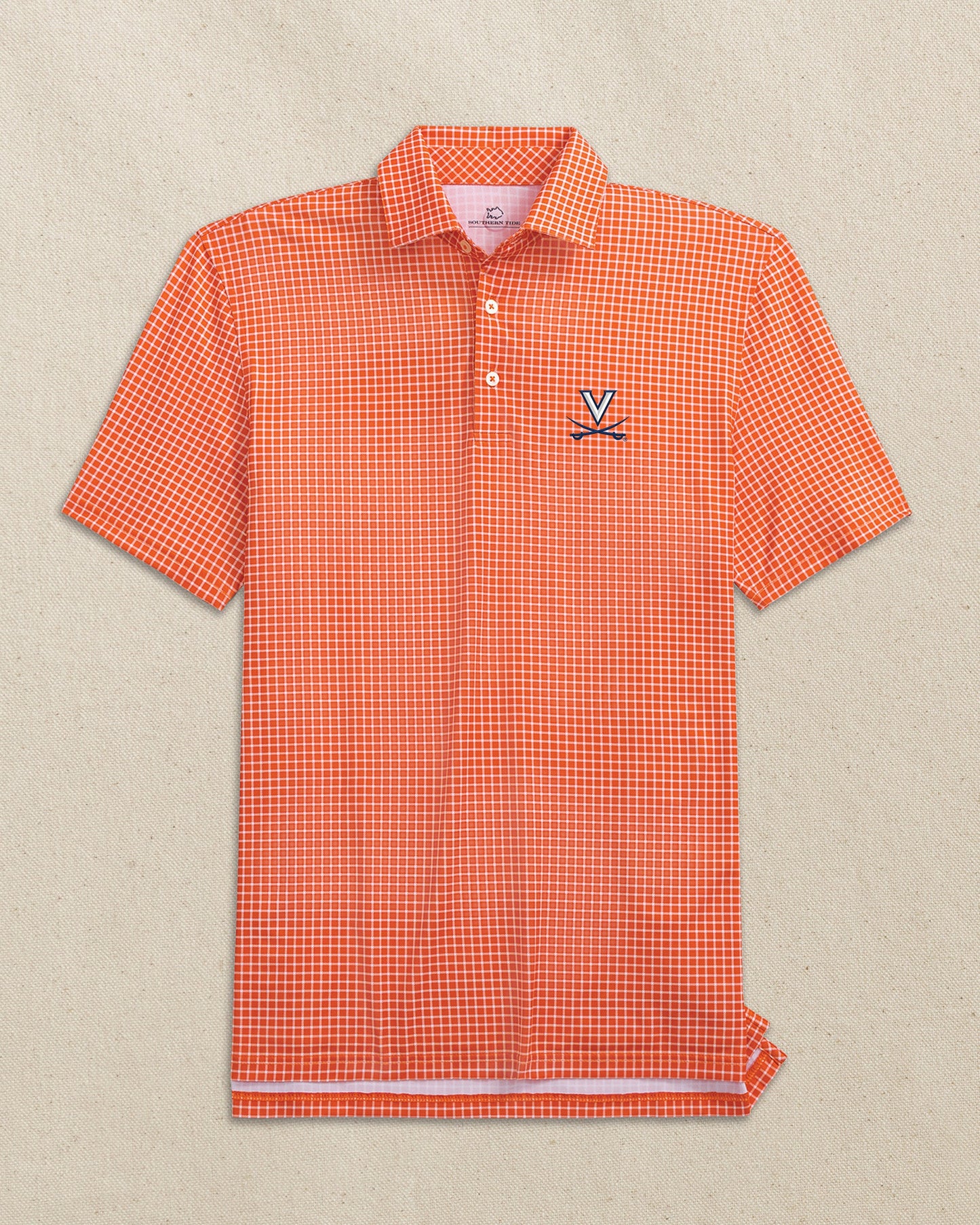 The front view of the Southern Tide UVA Cavaliers Driver Dunes Edge Plaid Polo by Southern Tide - Endzone Orange