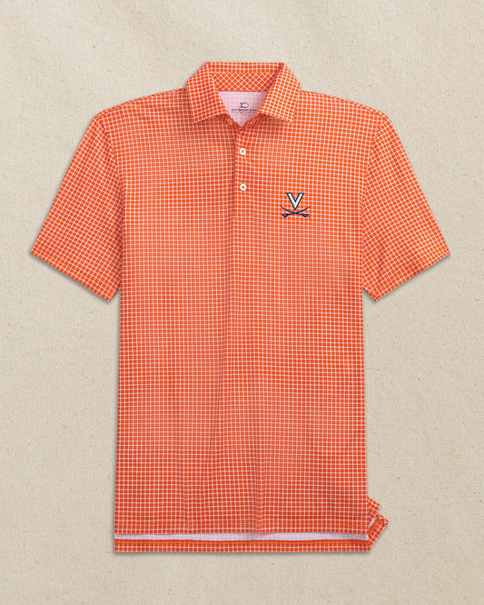 The front view of the Southern Tide UVA Cavaliers Driver Dunes Edge Plaid Polo by Southern Tide - Endzone Orange