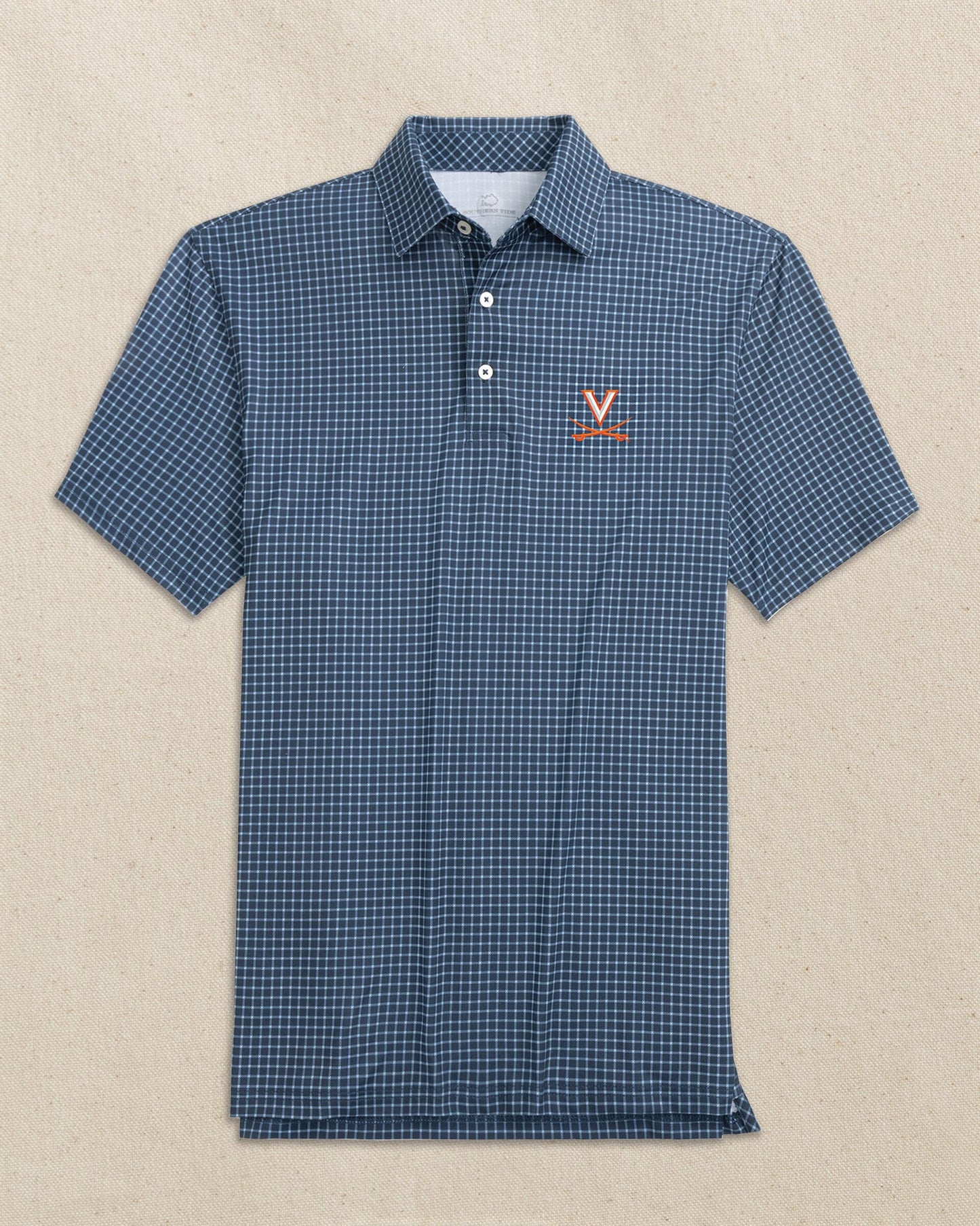 The front view of the Southern Tide UVA Cavaliers Driver Dunes Edge Plaid Polo by Southern Tide - Navy