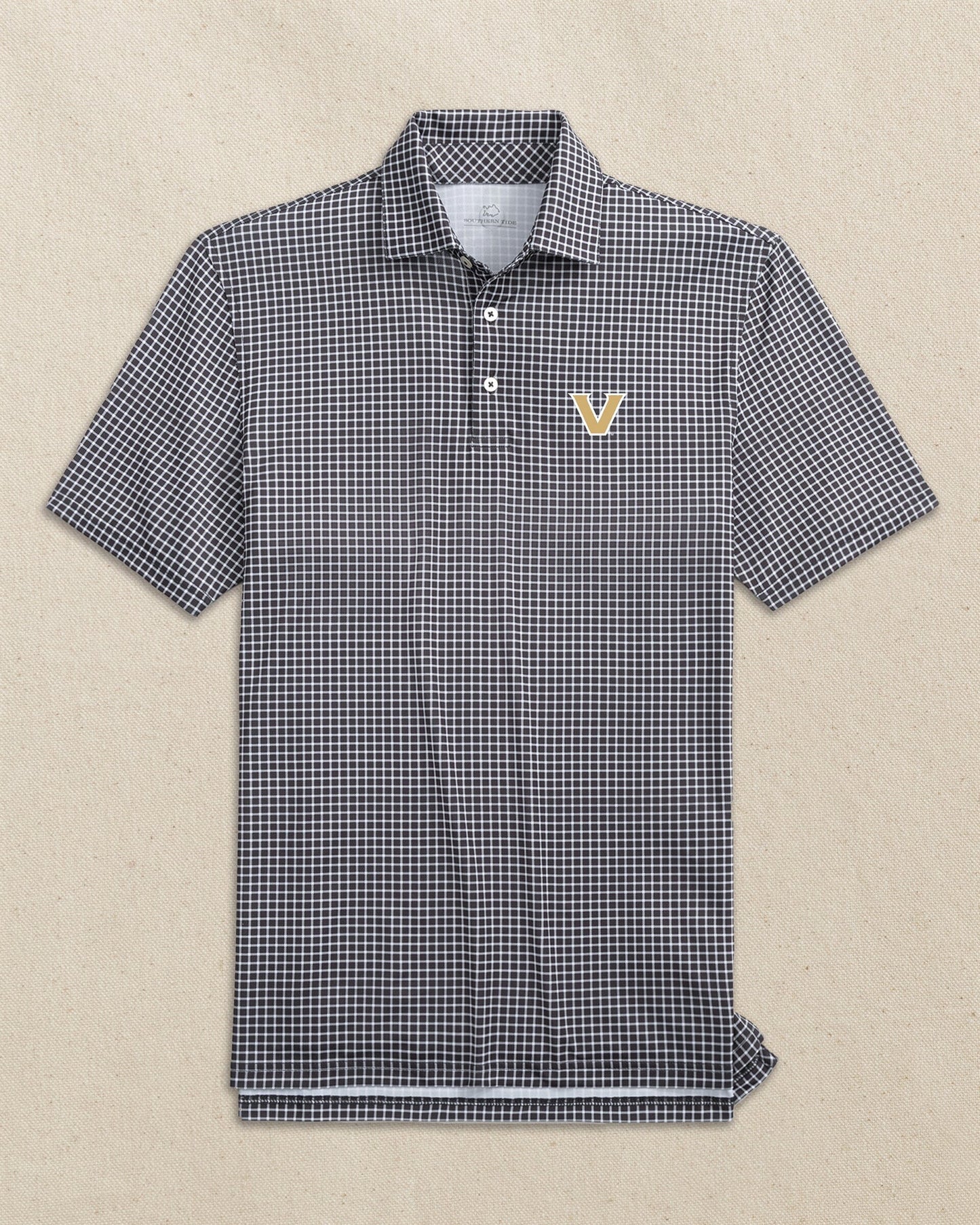 The front view of the Southern Tide Vanderbilt Commodores Driver Dunes Edge Plaid Polo by Southern Tide - Black