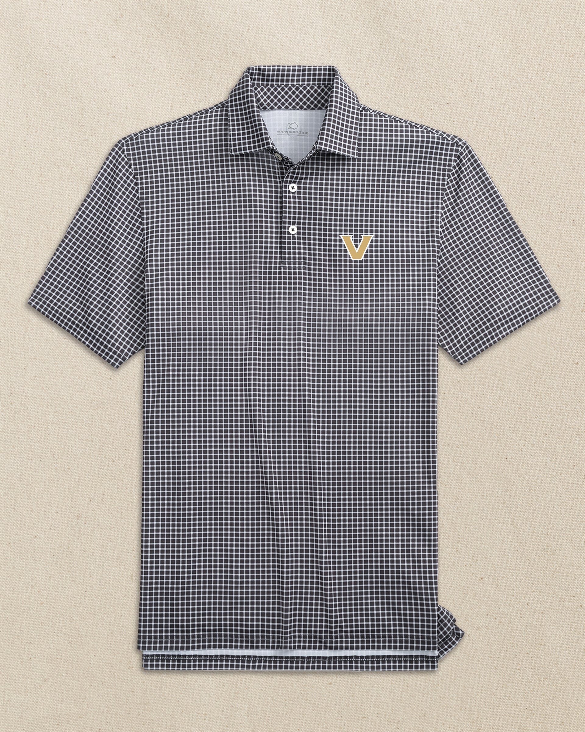 The front view of the Southern Tide Vanderbilt Commodores Driver Dunes Edge Plaid Polo by Southern Tide - Black
